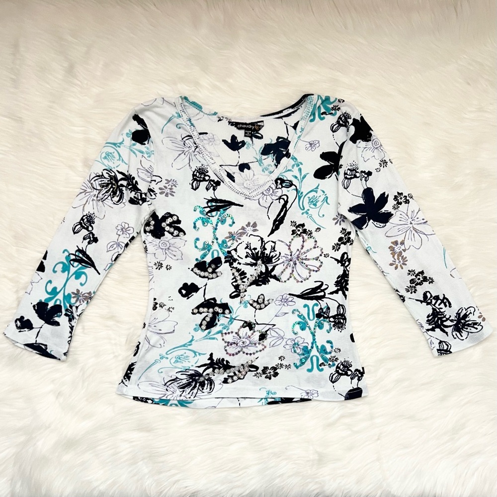Chaudry KC White Floral Print 3/4 Sleeve Top with Embellished Sequin Details